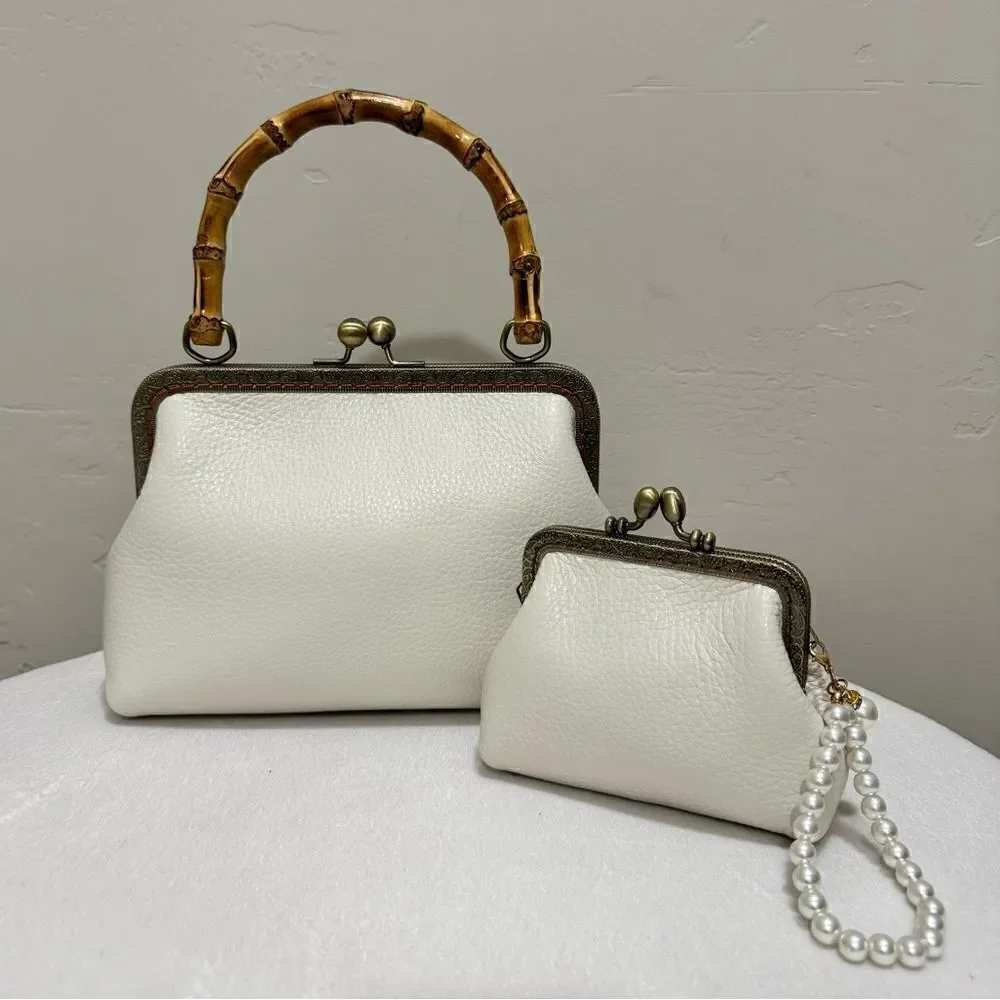 Handsewn Genuine Pebble Leather, Retro Style Kisslock & Bamboo Handle Bag Set